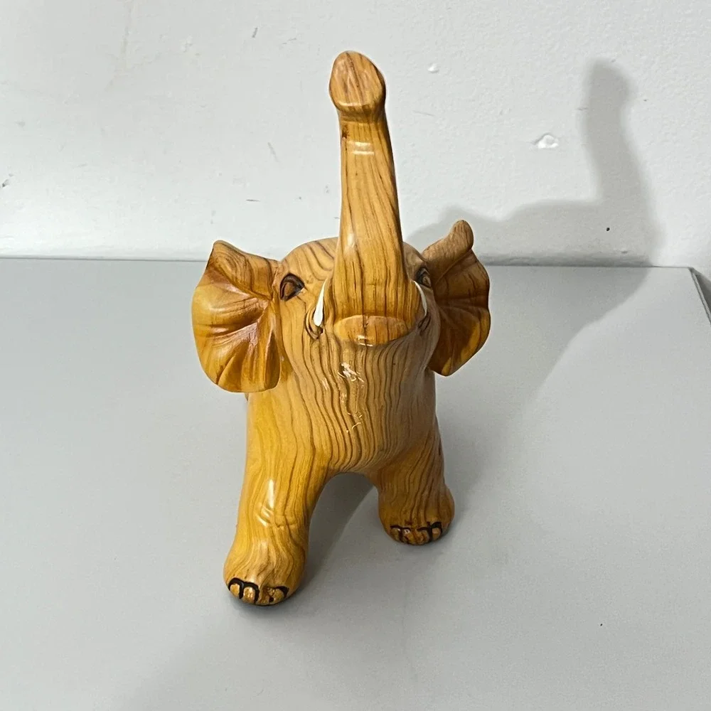 Vinatage Elephant Figurine Home Decor  Brown Faux Wood Grain Trunk Up Luck